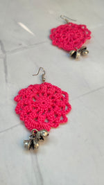 Load image into Gallery viewer, Pink Jaali Pattern Handcrafted Crochet Earrings with Metal Beads
