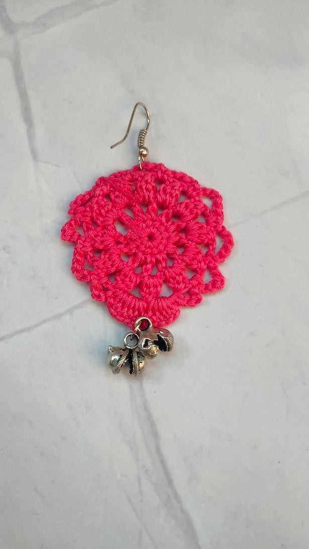 Pink Jaali Pattern Handcrafted Crochet Earrings with Metal Beads