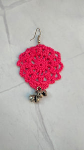 Pink Jaali Pattern Handcrafted Crochet Earrings with Metal Beads