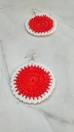 Load image into Gallery viewer, Red &amp; White Handcrafted Crochet Earrings
