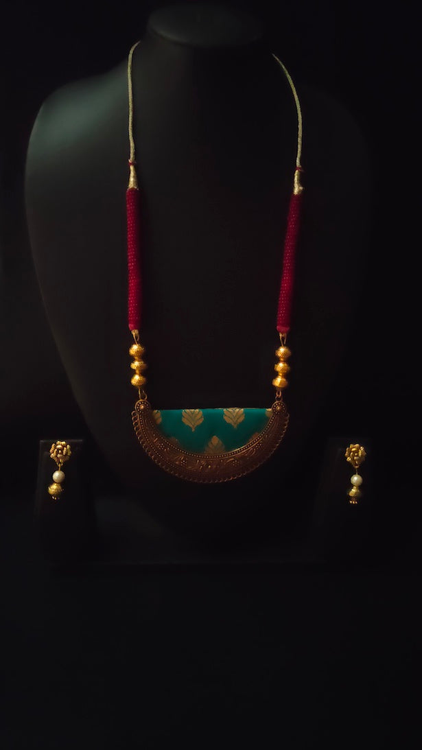 Fabric Necklace Set with Intricate Work Metal Pendant