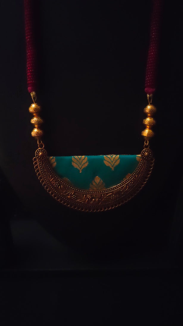 Fabric Necklace Set with Intricate Work Metal Pendant