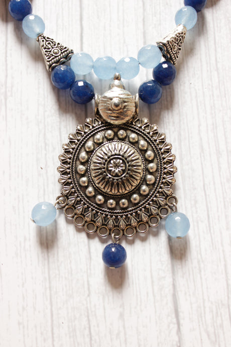 Shades of Blue Jade Beads Metal Pendant Necklace Set
