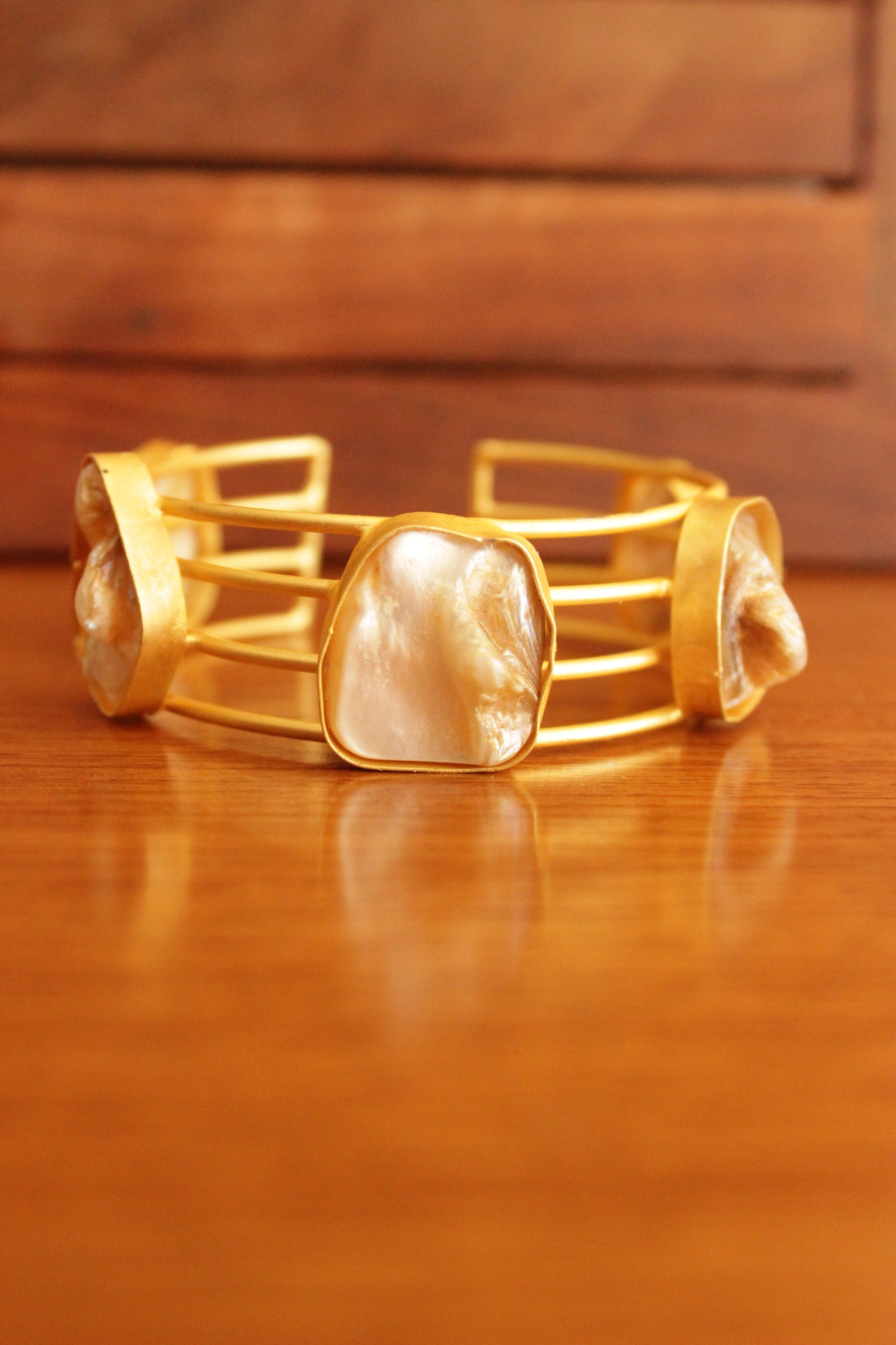 Baroque Pearl Gemstones Embedded Adjustable Brass Bracelet