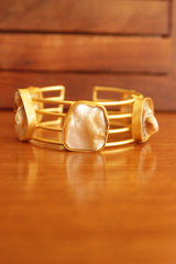 Baroque Pearl Gemstones Embedded Adjustable Brass Bracelet
