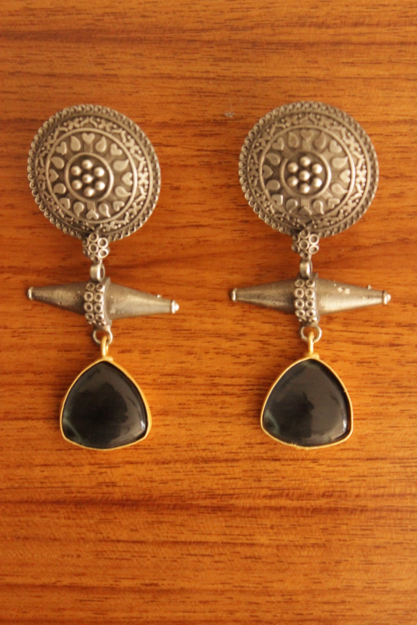 Blue Tourmaline Natural Gemstones Handmade Oxidised Silver Finish Brass Earrings