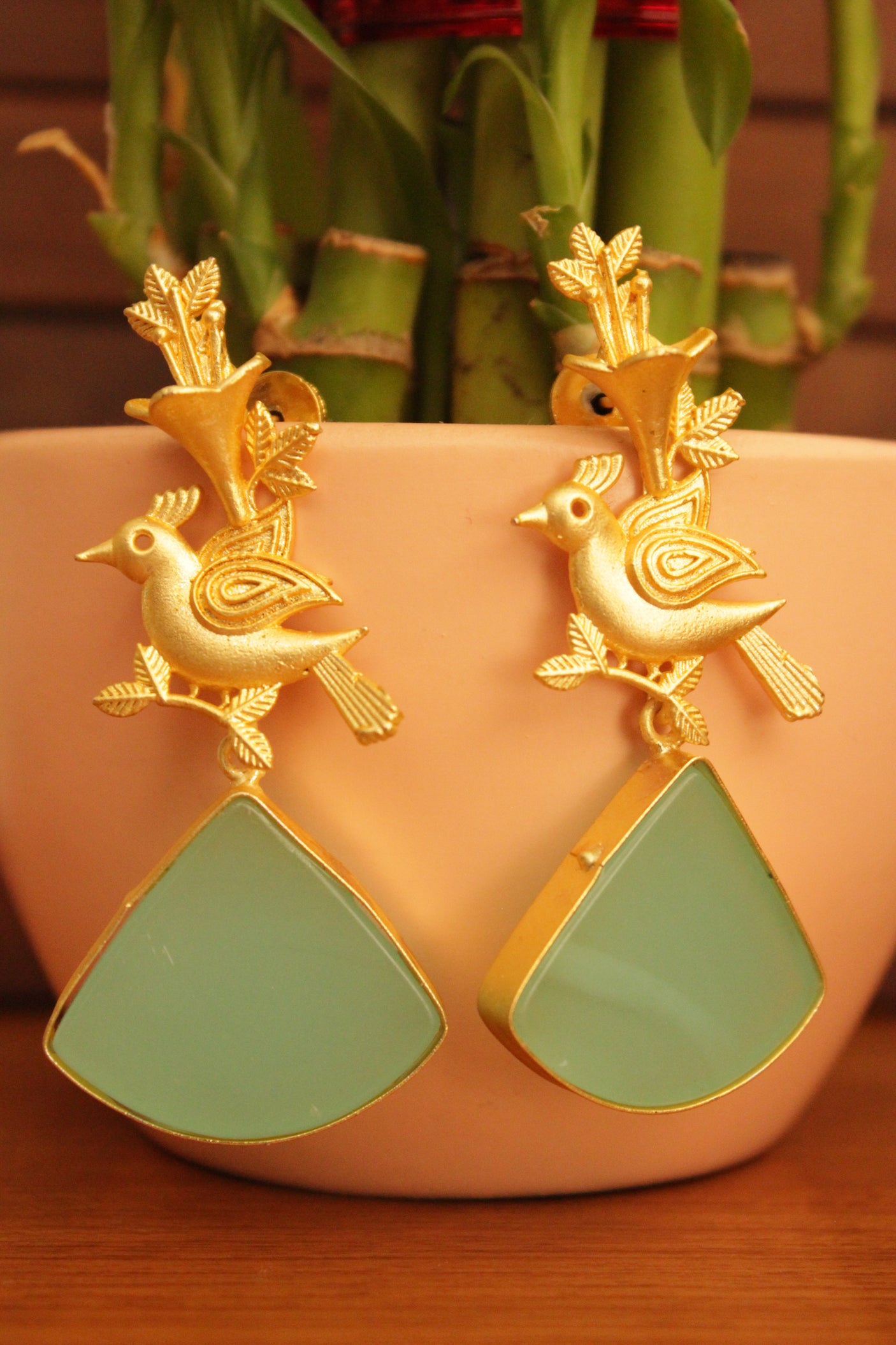 Green Adventurine Natural Gemstones Handmade Gold Toned Brass Earrings