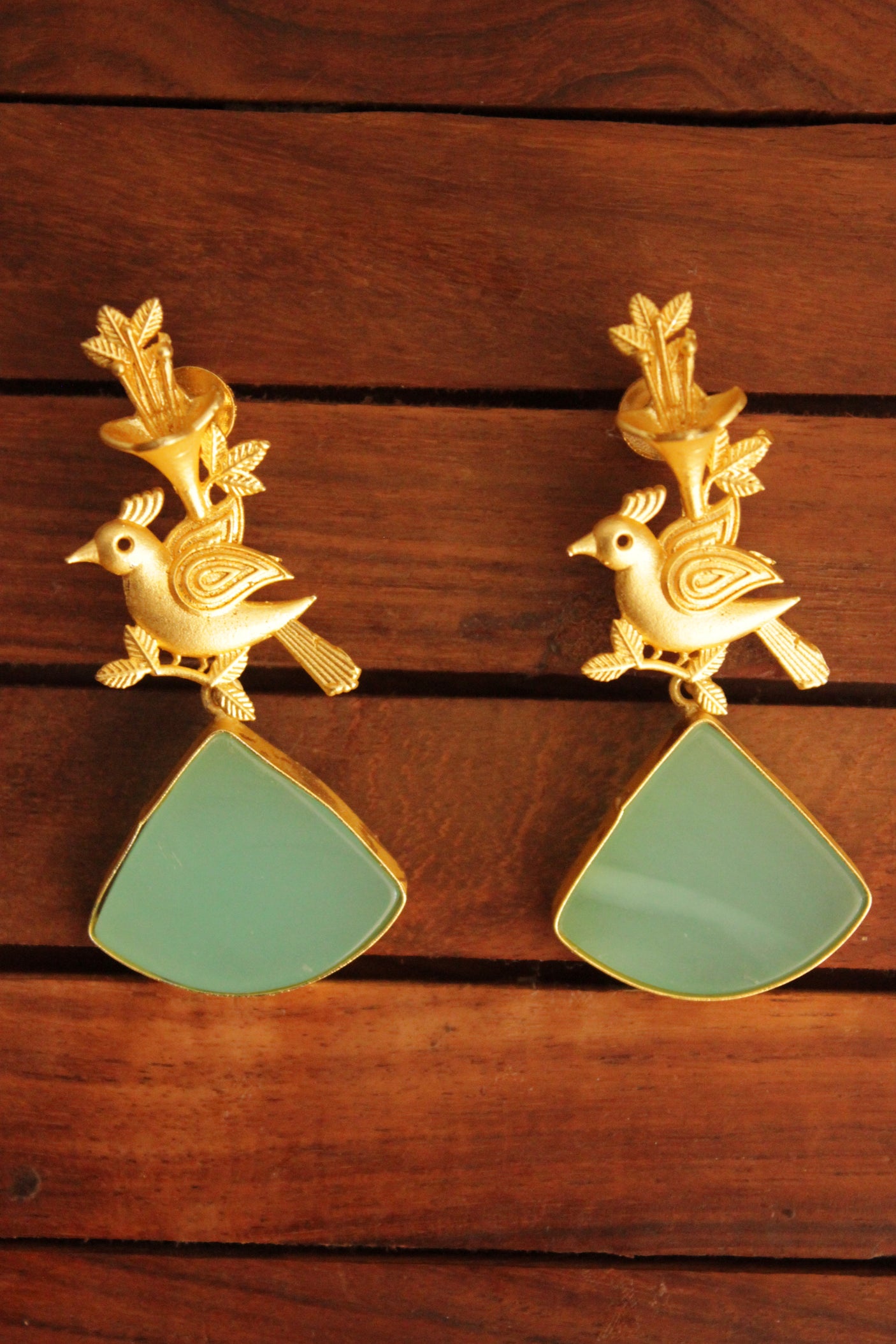Green Adventurine Natural Gemstones Handmade Gold Toned Brass Earrings