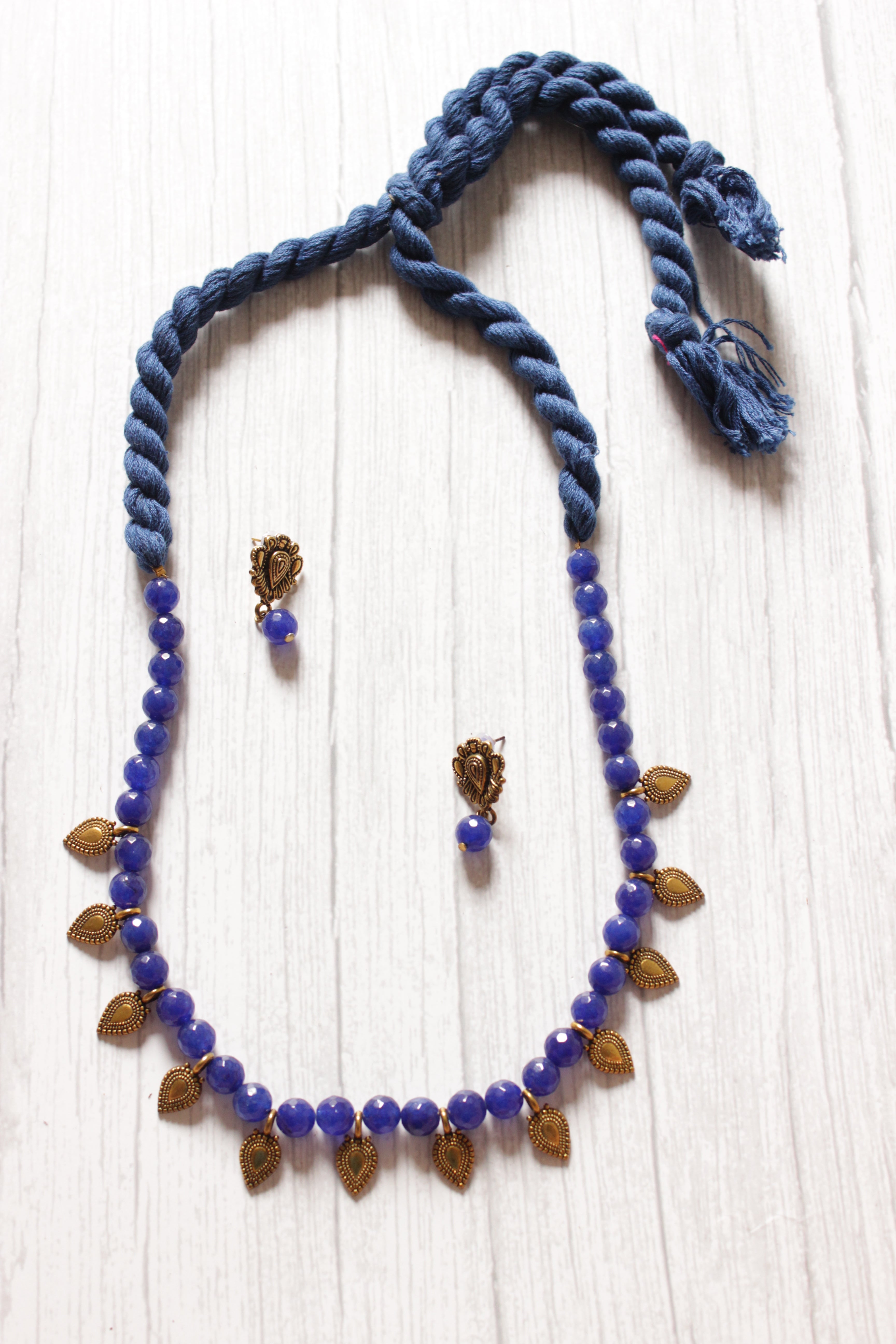 Royal Blue Jade Beads with Antique Gold Finish Metal Charms Necklace Set