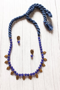 Royal Blue Jade Beads with Antique Gold Finish Metal Charms Necklace Set