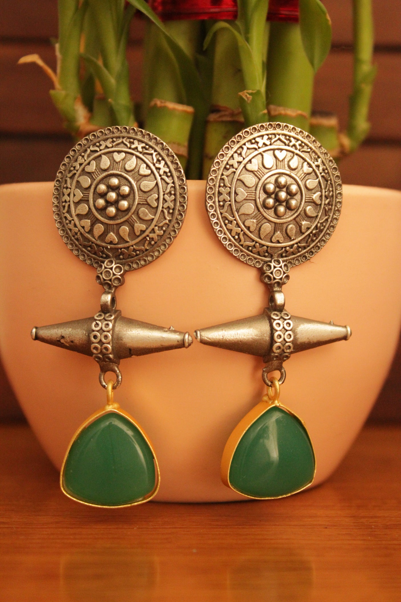 Green Tourmaline Natural Gemstones Handmade Oxidised Silver Finish Brass Earrings