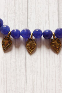 Royal Blue Jade Beads with Antique Gold Finish Metal Charms Necklace Set