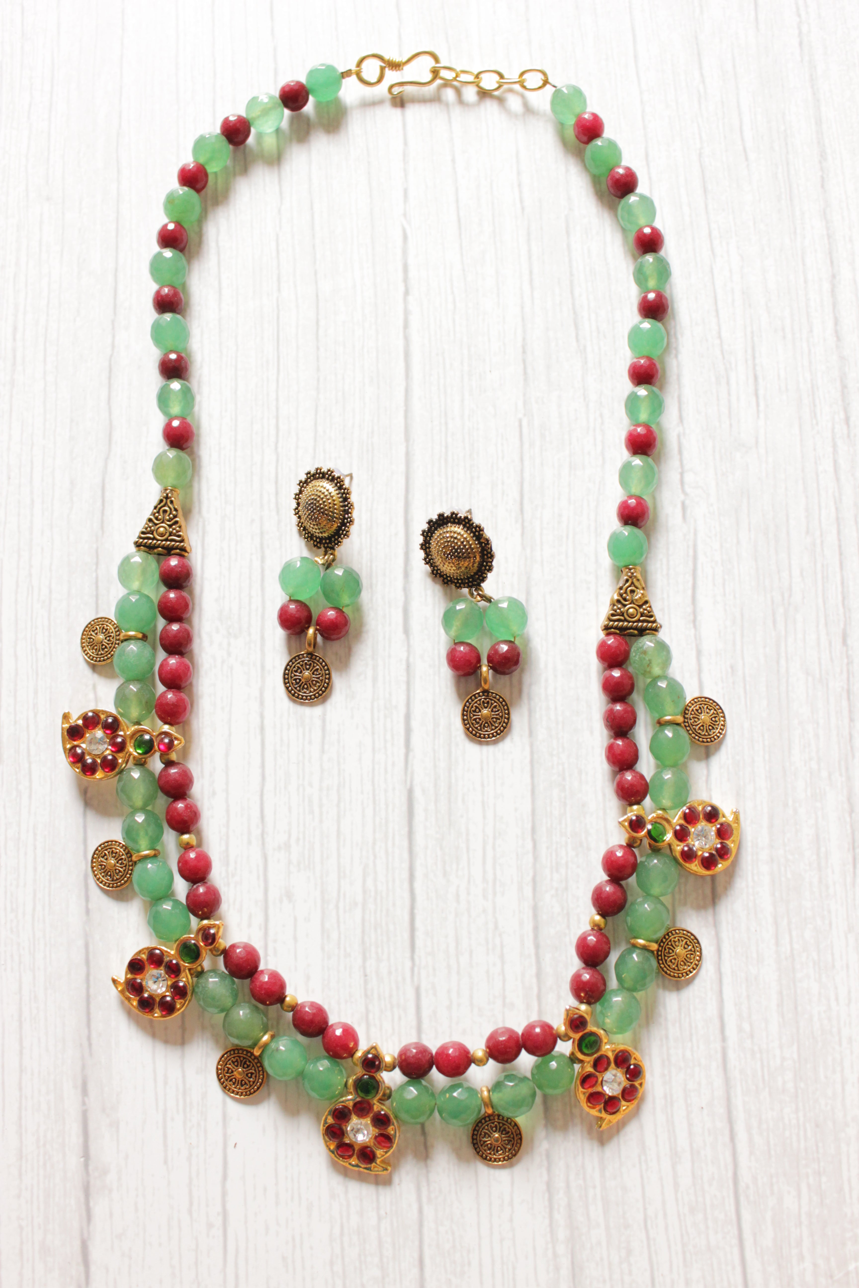 Red and Green Jade Beads with Antique Gold Finish Metal Charms Necklace Set