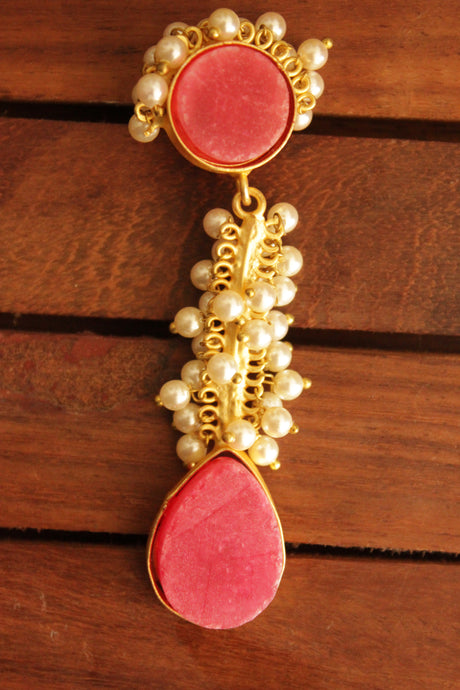 Natural Pink Rhodochrosite Tear Drop Gold Toned Handmade Brass Dangler Earrings Embellished with White Beads