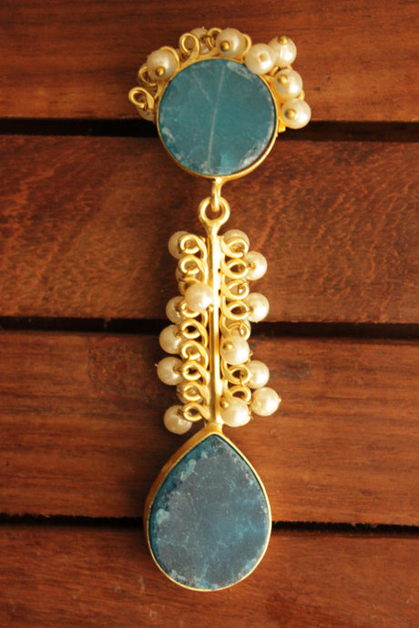 Teal Blue Raw Natural Gemstone Tear Drop Gold Toned Handmade Brass Dangler Earrings Embellished with White Beads