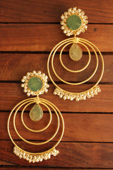 Green Raw Natural Gemstones Embedded Concentric Circles Gold Toned Handmade Brass Hoop Earrings Accentuated with White Beads