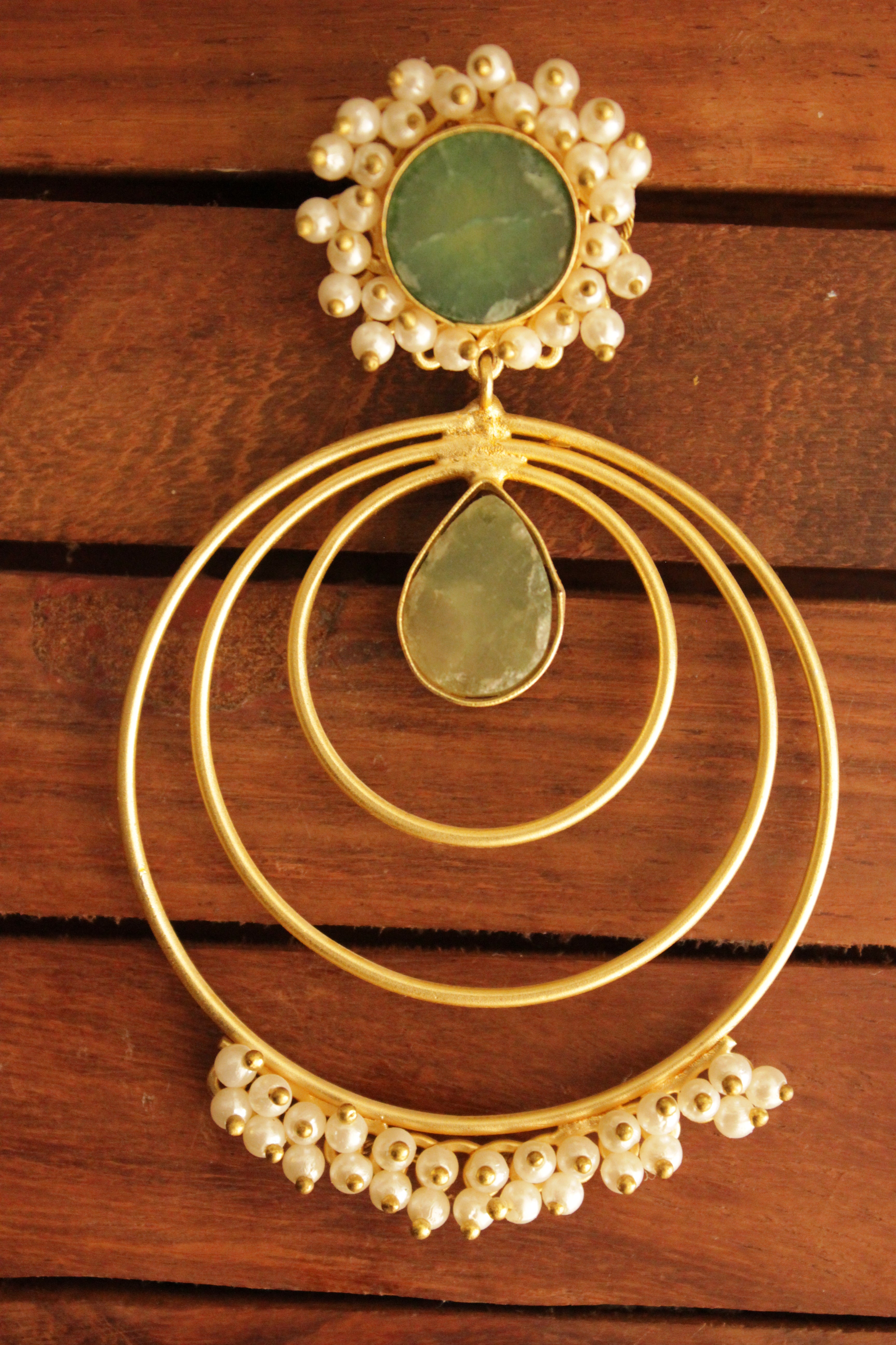 Green Raw Natural Gemstones Embedded Concentric Circles Gold Toned Handmade Brass Hoop Earrings Accentuated with White Beads