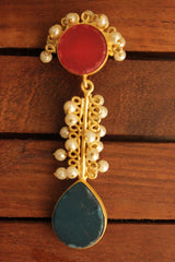 Fuchsia & Teal Blue Raw Natural Gemstone Tear Drop Gold Toned Handmade Brass Dangler Earrings Embellished with White Beads