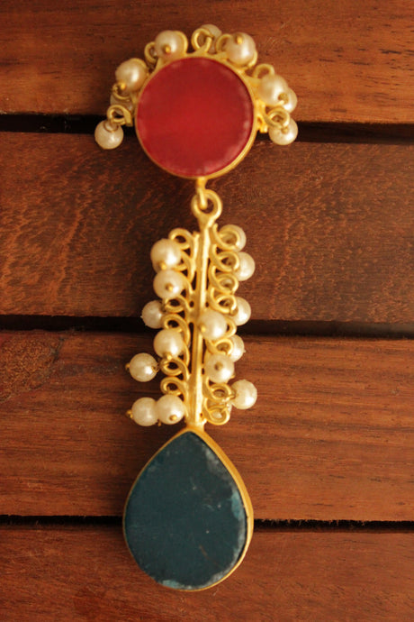 Fuchsia & Teal Blue Raw Natural Gemstone Tear Drop Gold Toned Handmade Brass Dangler Earrings Embellished with White Beads