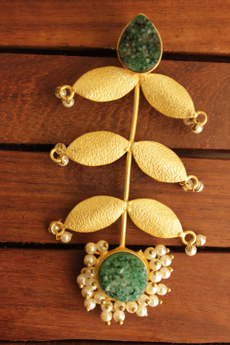 Green Sugar Druzy Raw Natural Gemstone Leaf and Stem Gold Toned Handmade Brass Dangler Earrings