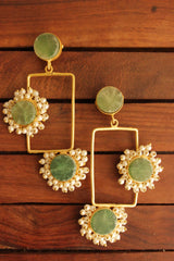 Sea Green Raw Natural Gemstones Embedded Gold Toned Brass Rectangular Earrings Accentuated with White Beads
