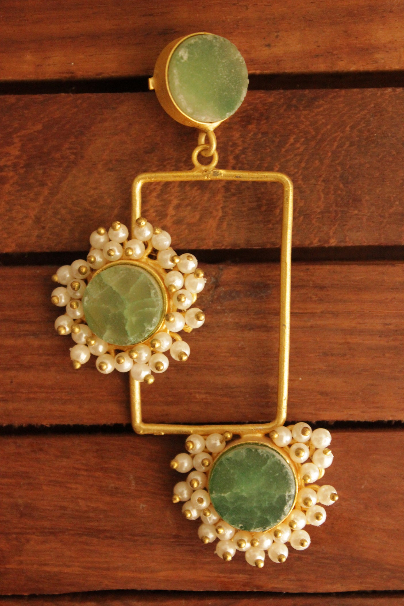 Sea Green Raw Natural Gemstones Embedded Gold Toned Brass Rectangular Earrings Accentuated with White Beads