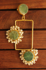 Sea Green Raw Natural Gemstones Embedded Gold Toned Brass Rectangular Earrings Accentuated with White Beads