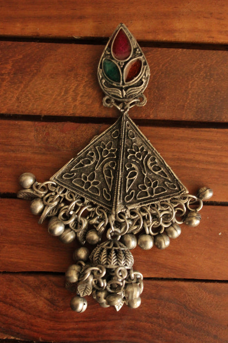 Oxidised Finish Detailed Brass Triangular Earrings with Embedded Glass Stones and Ghungroo Beads