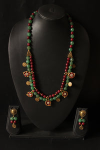 Red and Green Jade Beads with Antique Gold Finish Metal Charms Necklace Set