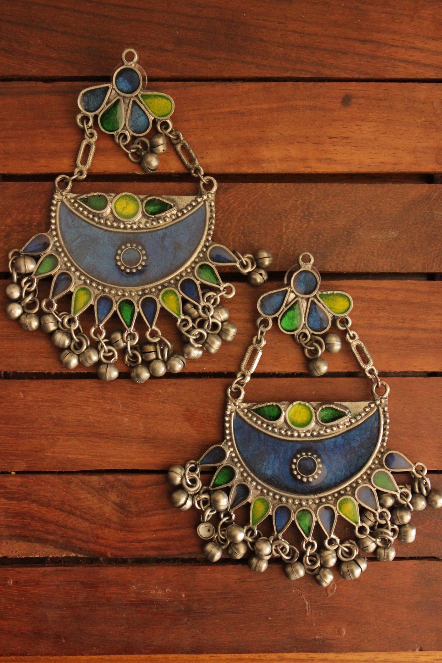 Royal Blue and Green Enamel Painted Afghani Chandbali Dangler Earrings with Ghungroo Beads