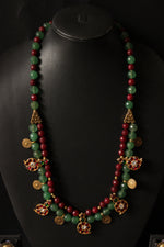 Load image into Gallery viewer, Red and Green Jade Beads with Antique Gold Finish Metal Charms Necklace Set
