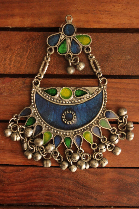 Royal Blue and Green Enamel Painted Afghani Chandbali Dangler Earrings with Ghungroo Beads