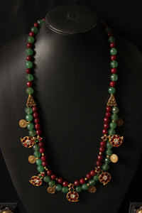 Red and Green Jade Beads with Antique Gold Finish Metal Charms Necklace Set