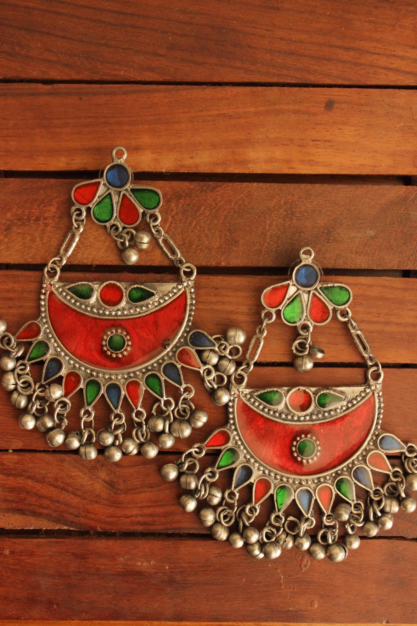 Red and Multi-Color Enamel Painted Afghani Chandbali Dangler Earrings with Ghungroo Beads