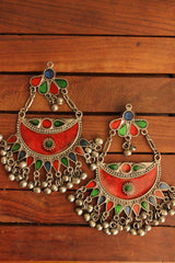 Red and Multi-Color Enamel Painted Afghani Chandbali Dangler Earrings with Ghungroo Beads