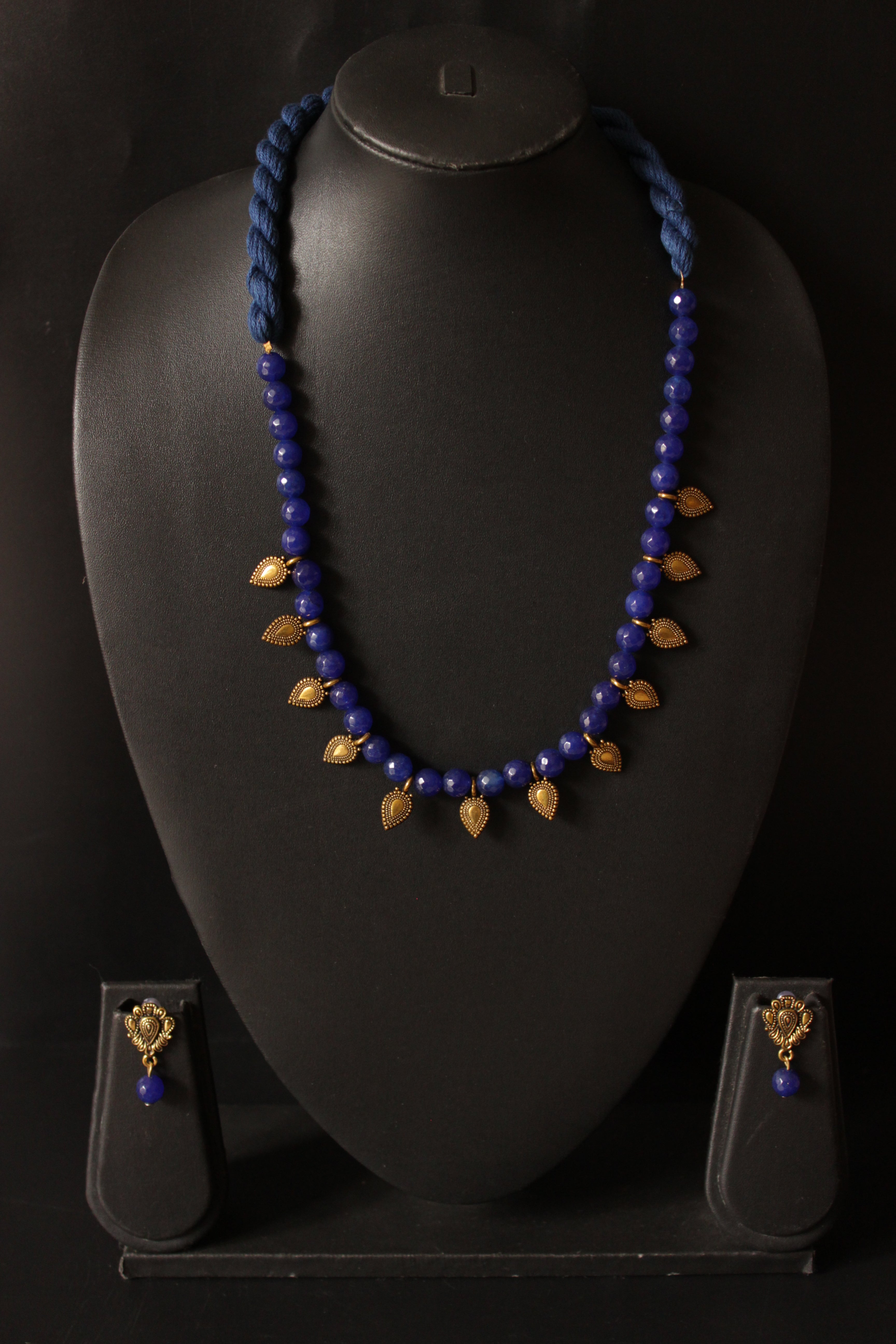 Royal Blue Jade Beads with Antique Gold Finish Metal Charms Necklace Set