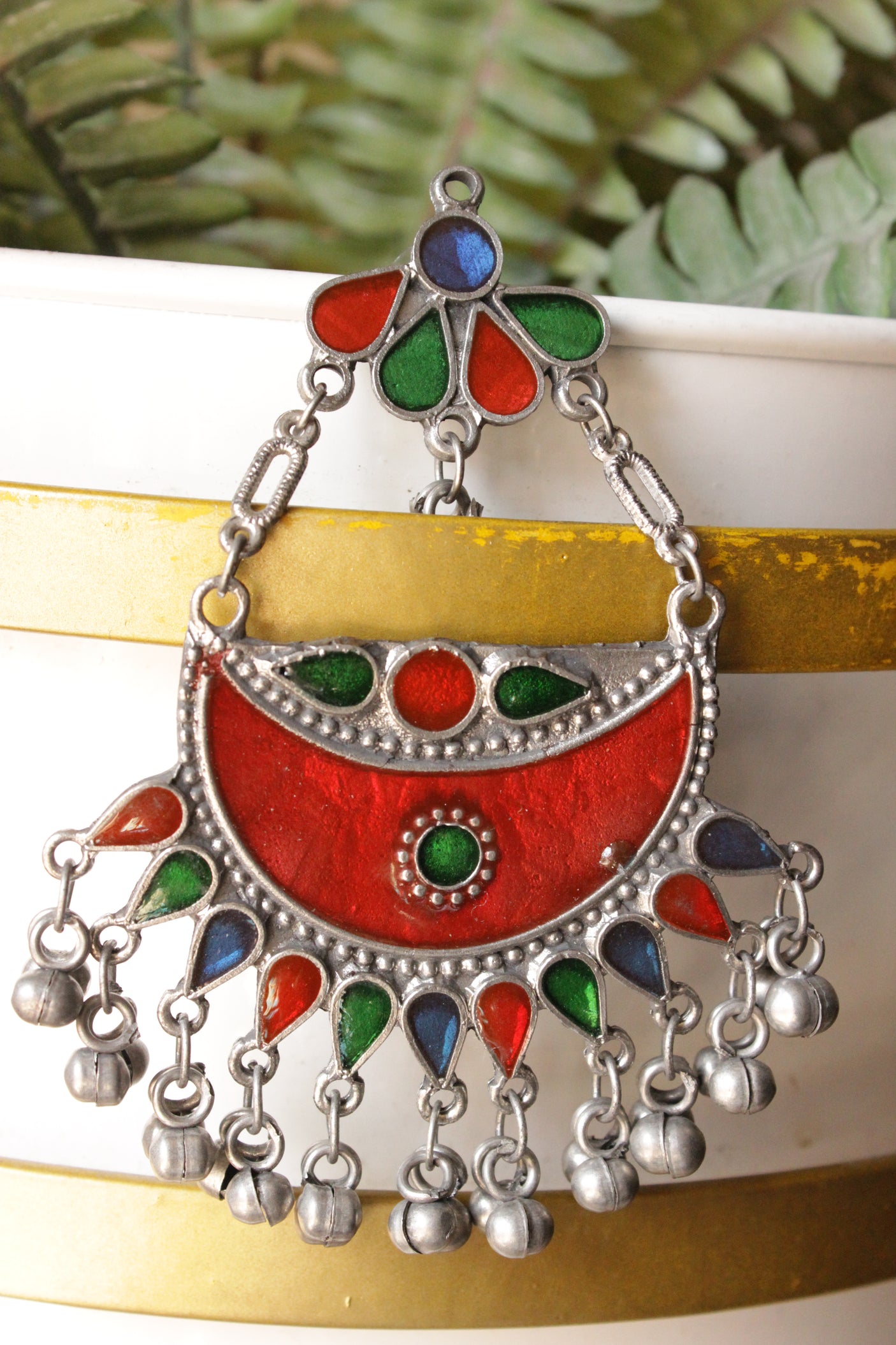 Red and Multi-Color Enamel Painted Afghani Chandbali Dangler Earrings with Ghungroo Beads