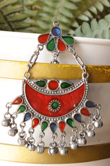 Red and Multi-Color Enamel Painted Afghani Chandbali Dangler Earrings with Ghungroo Beads