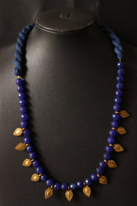 Royal Blue Jade Beads with Antique Gold Finish Metal Charms Necklace Set
