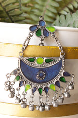 Royal Blue and Green Enamel Painted Afghani Chandbali Dangler Earrings with Ghungroo Beads