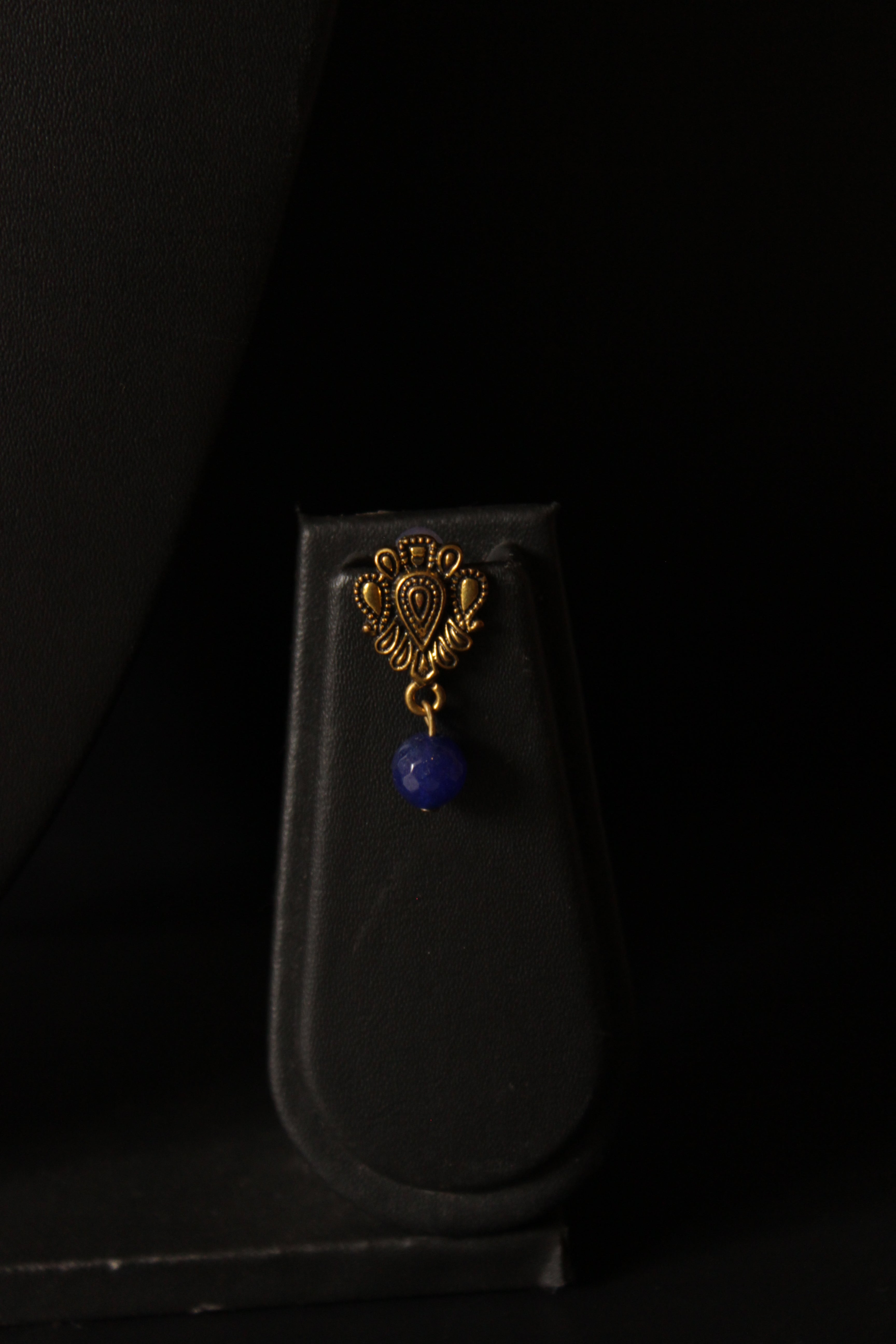 Royal Blue Jade Beads with Antique Gold Finish Metal Charms Necklace Set