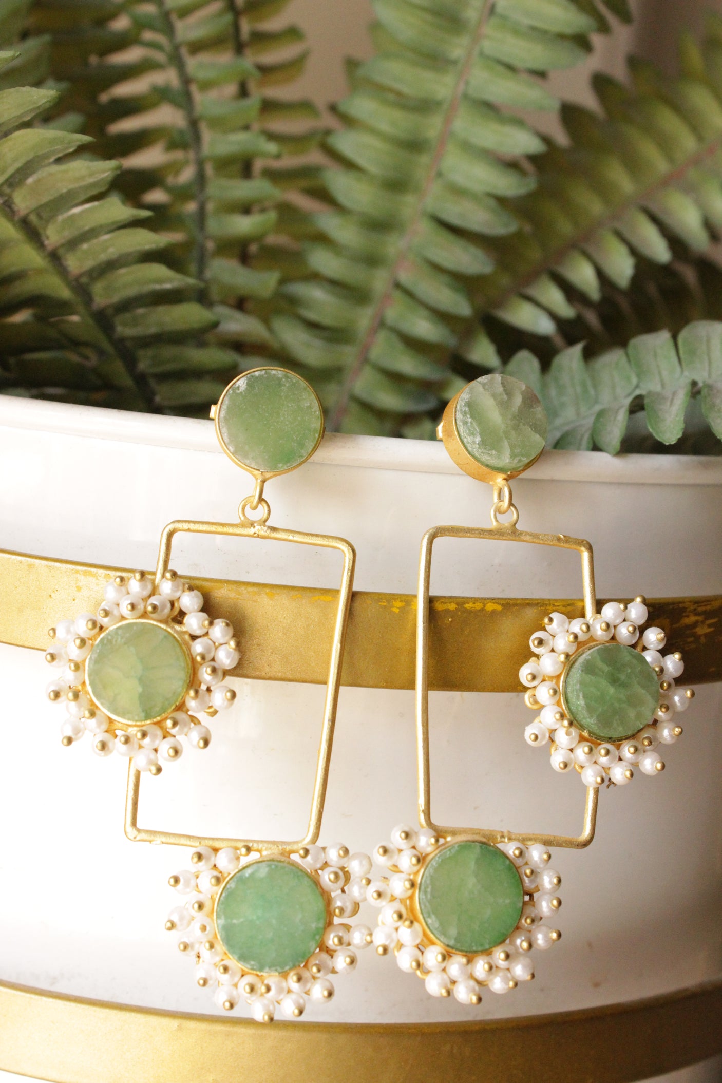 Sea Green Raw Natural Gemstones Embedded Gold Toned Brass Rectangular Earrings Accentuated with White Beads
