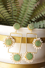 Sea Green Raw Natural Gemstones Embedded Gold Toned Brass Rectangular Earrings Accentuated with White Beads