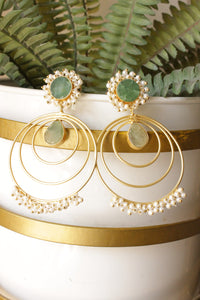 Green Raw Natural Gemstones Embedded Concentric Circles Gold Toned Handmade Brass Hoop Earrings Accentuated with White Beads