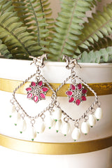 Horse Motif Ruby Stone Embedded Oxidised Finish Brass Earrings Accentuated with White Pearl Danglers