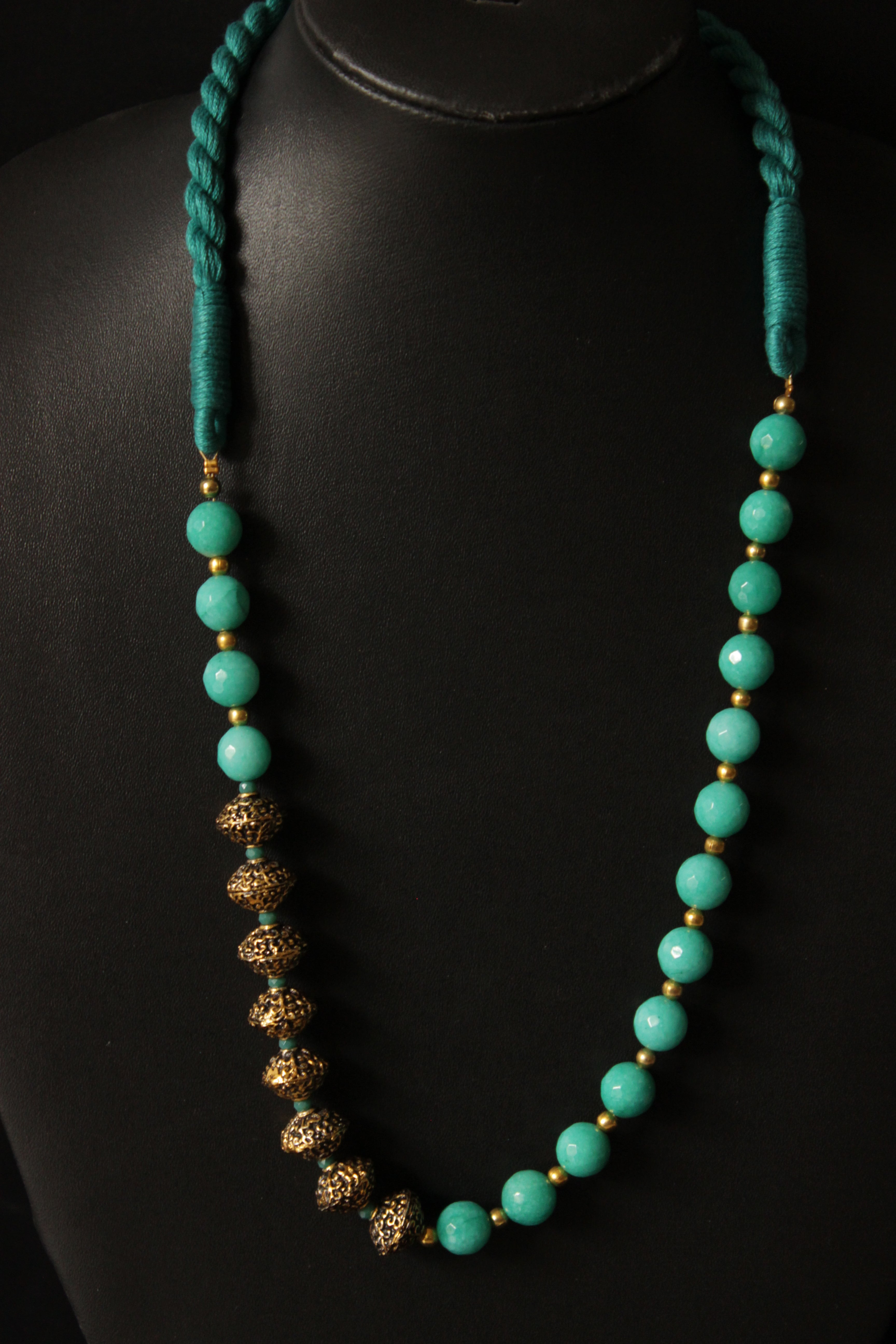 Turquoise and Antique Gold Finish Metal Beads Necklace Set