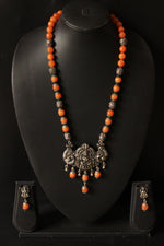 Load image into Gallery viewer, Orange Jade Beads Religious Motif Metal Pendant Necklace Set
