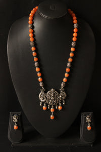 Orange Jade Beads Religious Motif Metal Pendant Necklace Set