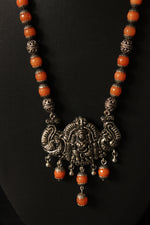 Load image into Gallery viewer, Orange Jade Beads Religious Motif Metal Pendant Necklace Set

