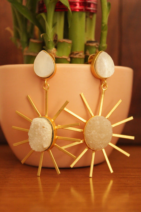 Ivory Sugar Druzy Natural Gemstone Gold Toned Teardrop Sun Dial Dangler Earrings